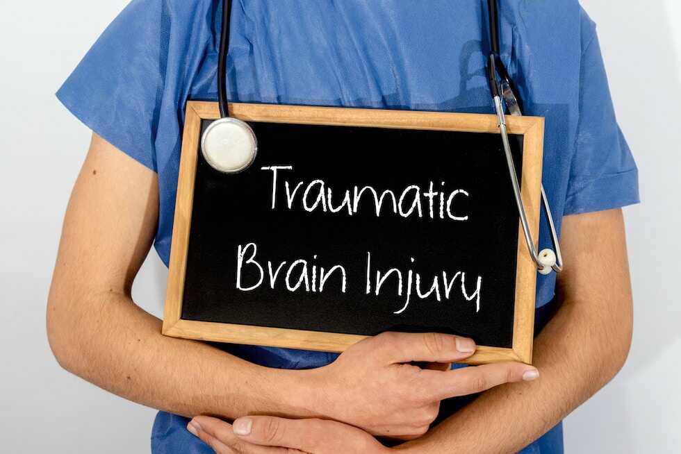 Traumatic brain injury words written on black board